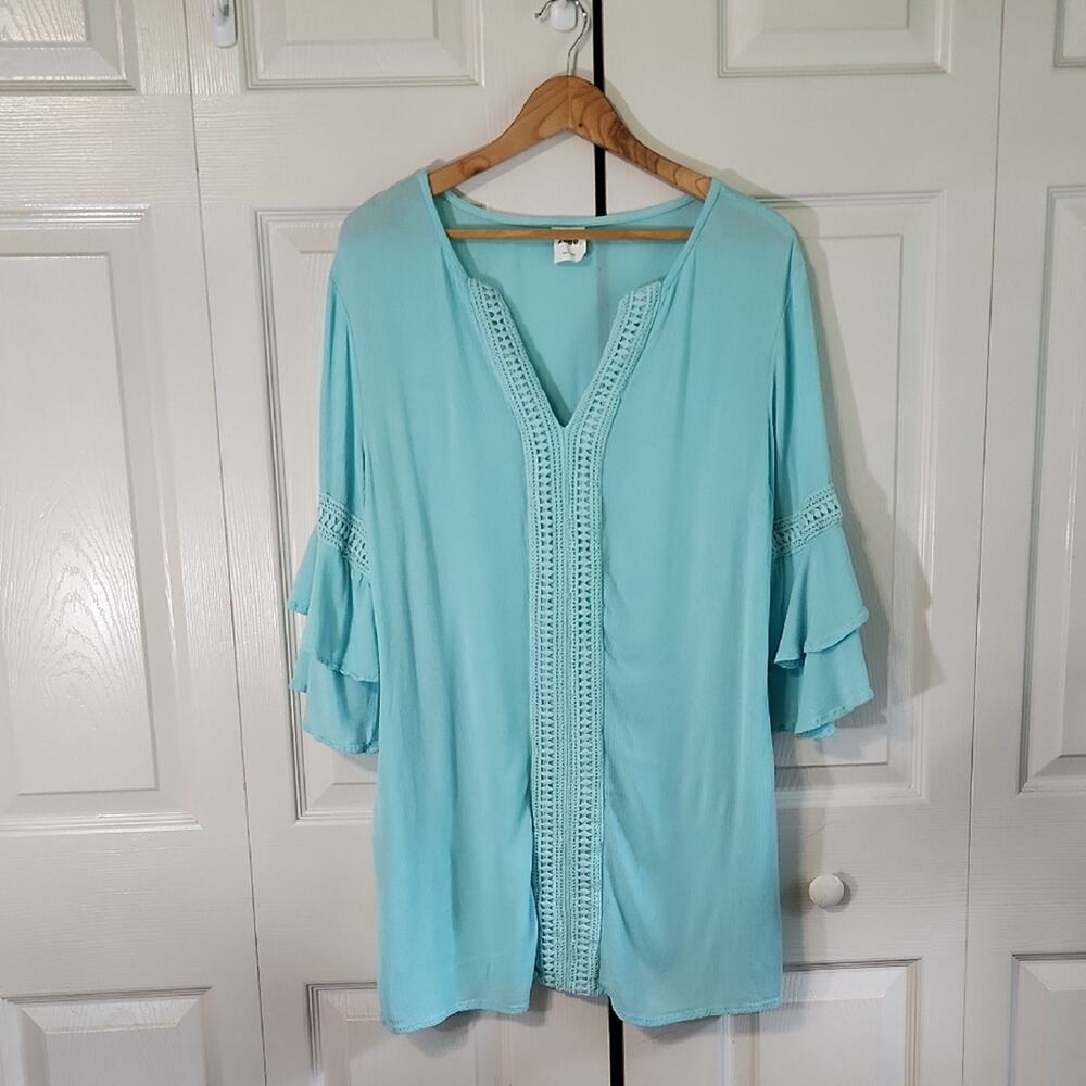 Wave Zone Womens Light Blue‎ Tunic/Dress/Coverup LG Crochet Layered Bell Sleeves
